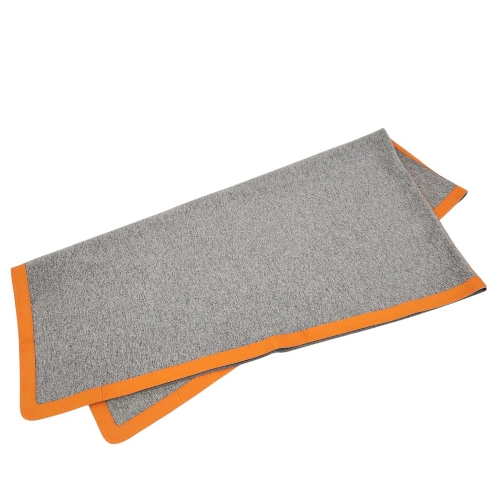 HERMES Cashmere Wool Leather Trim Blanket Shawl, Gray x Orange, Men's & Women's